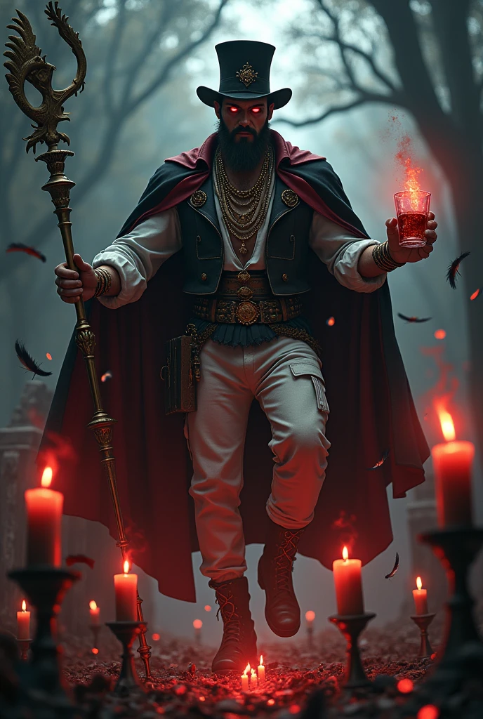 Handsome man with a robust body, barba, by rubio, black and red antique hat, black cape, vaso whisky, Cigarettes, cemetery, red and black lit candles, golden stick, Red eyes,  melted candles, white vest and pants, lots of red and black necklaces , levitating, black magic books, exu umbanda, Round face, black feathers flying