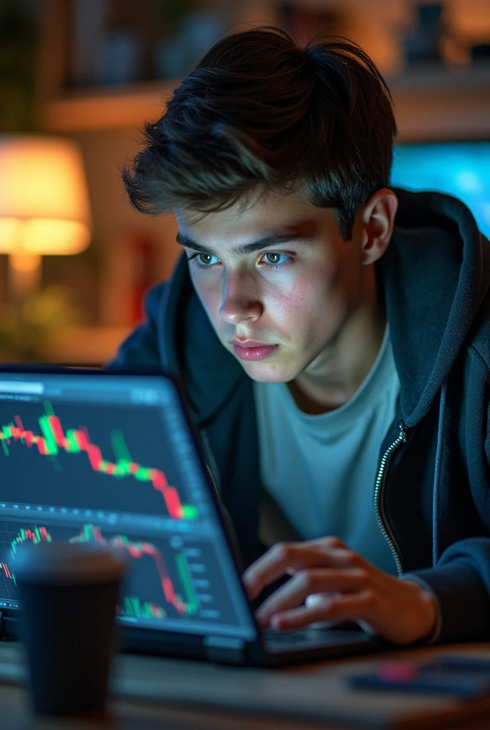 A 16 years old boy doing trading on his laptop future trading