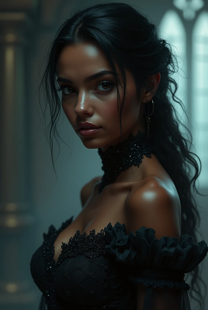 a close up of a dark skinned woman wearing a mask, dreamy gothic girl, elegant render, Half-body photo, mistress, photoshop rendering, ebony rococo, elegant girl, female spy, haunting a beautiful young woman, superhero girl, extravagant dress, pretty girl