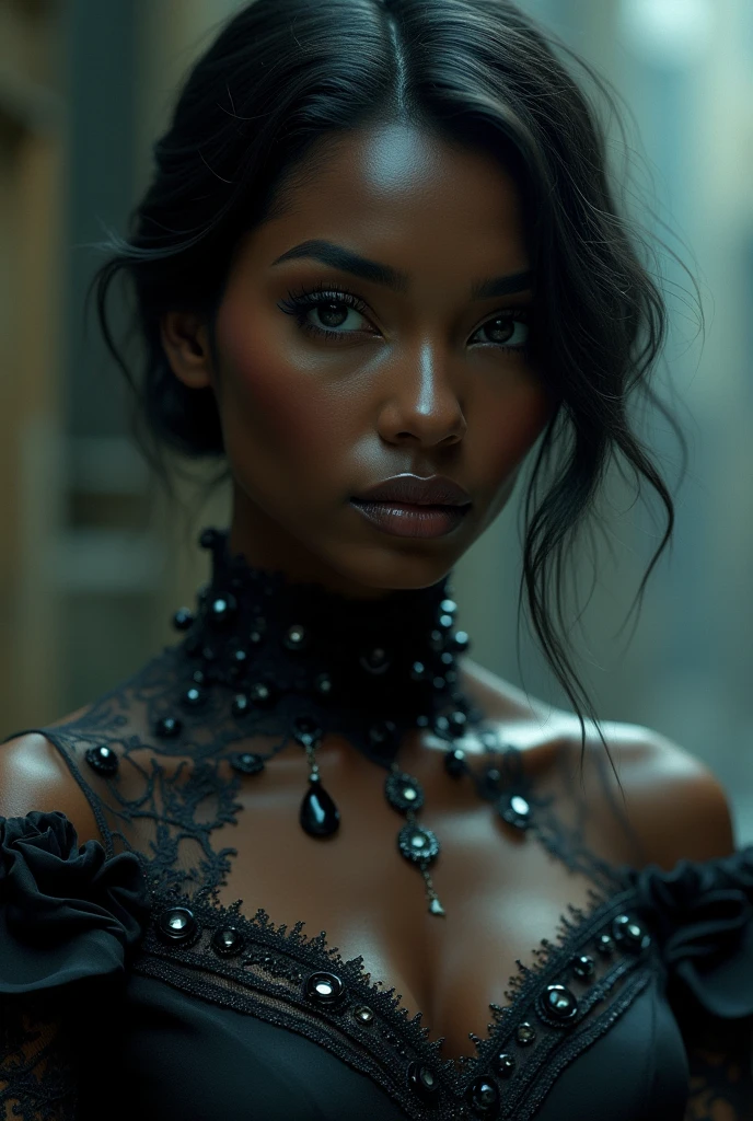 a beautiful black woman, (best quality,4k,8k,highres,masterpiece:1.2),ultra-detailed,(realistic,photorealistic,photo-realistic:1.37),extremely detailed eyes and face,longeyelashes,beautiful detailed lips,beautiful dress,beautiful scenery,dramatic lighting,vivid colors,cinematic,portrait,highly detailed skin texture,flawless skin,elegant pose