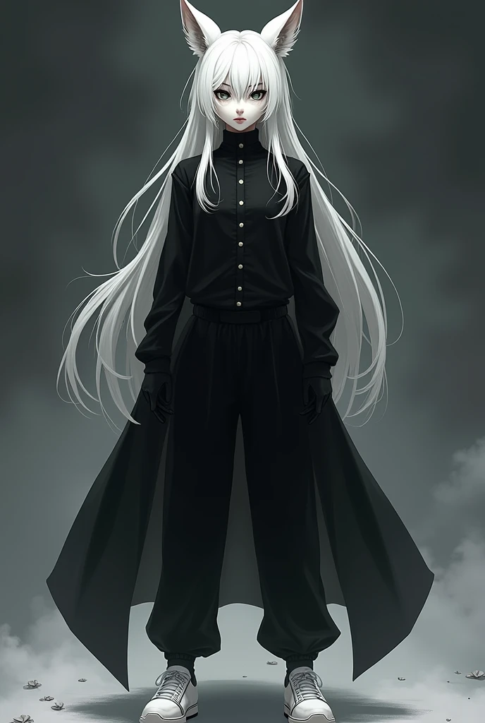 A furry kemono character, white hair, black eyes, a black outfit, black pants, white shoes