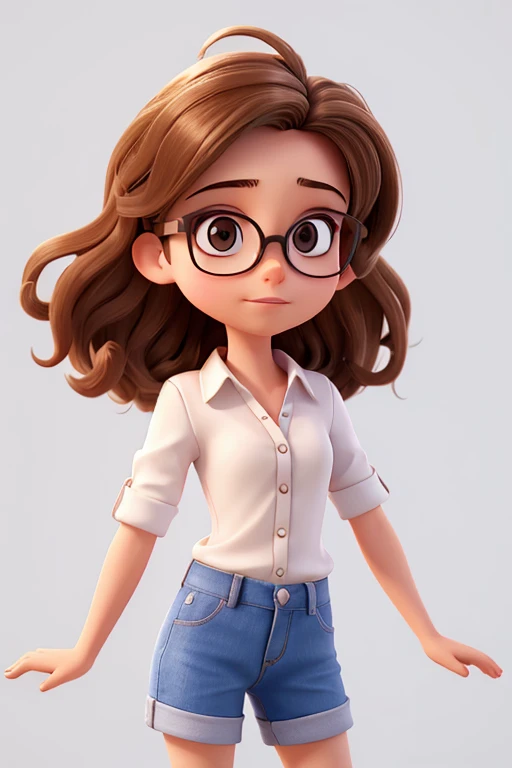 young brunette woman with glasses, with arms outstretched to the sides and a very stressed face with a white background and very short and disheveled hair and colorful clothes
