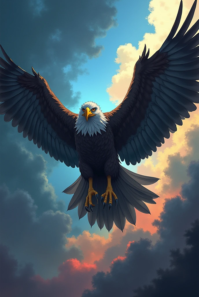 Harpy eagle with a deep look attacking in anime style and a dark background with blue, yellow and red
