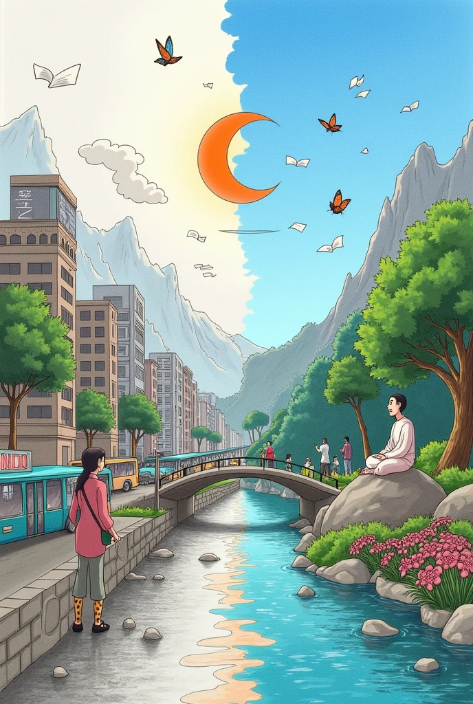 The Arafed man stands on the bridge,Mobile phone in hand, a picture inspired by Huang Gongwang, Tumblr, realism, With sunset, with a sunset, at a beautiful sunset, xintong chen, golden hour in beijing, steve zheng, drak, huifeng huang, wenjun lin, yanjun cheng, zeng fanzh