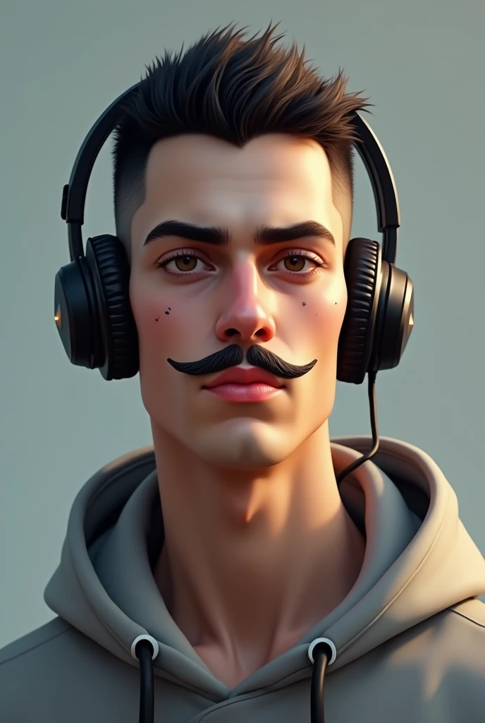 A guy with headphones, very short hair, a mole on his cheek and a black short mustache