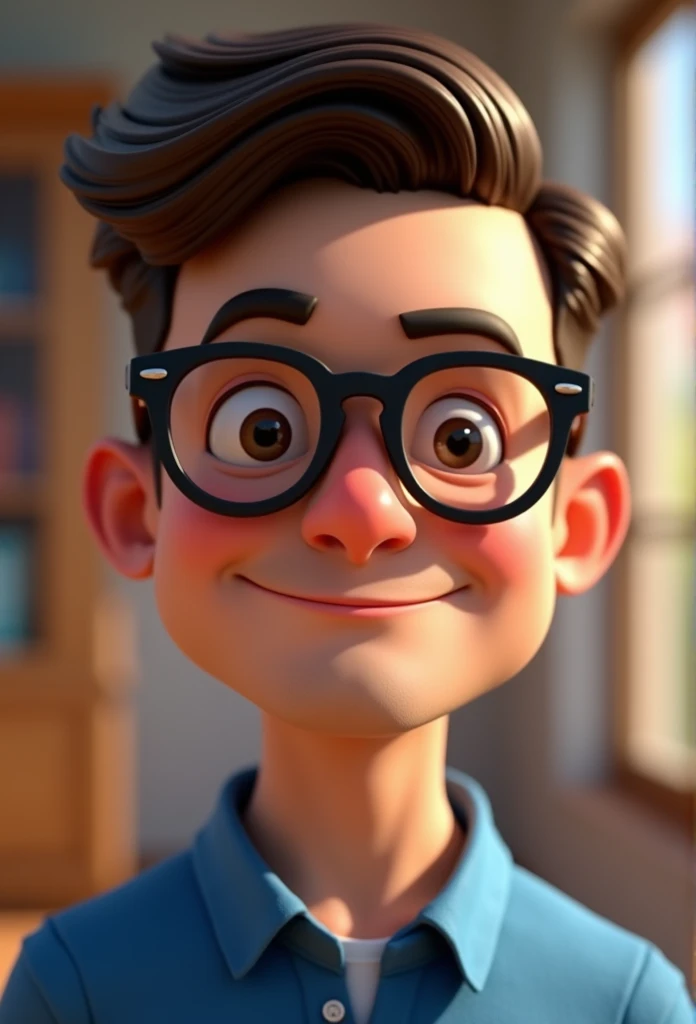 Cartoon character of a man in black glasses and blue shirt, an animated character, stylized character, animation style rendering, 3d stylized, Arnold Maya rendering, Stylized 3D rendering, toon render screenshot, 3d character, 3d character, Stylized 3D rendering, 3D character rendering, cartoon character, Personagem de close up, character posing,  (Pixar-style) (master part:1.2) (bokeh) (best qualityer) (skin detailed) (detailed texture) (8k) (Argilla) (cinematic lighting) (sharp focus