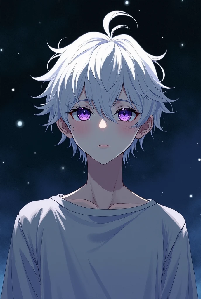 white hair purple eye anime boy depressed eyes and emotionless face, floating in space