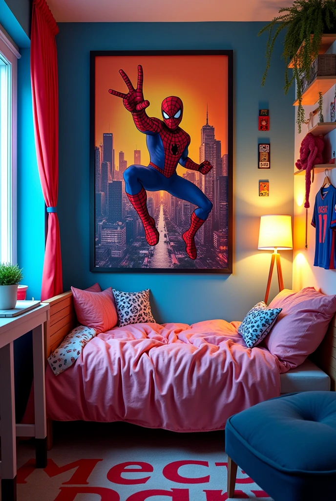 A room with a Spiderman poster, dragon ball z y messi