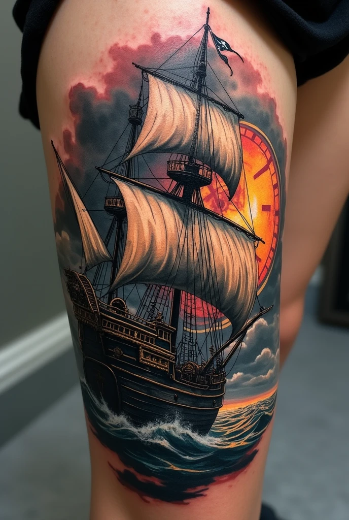 Tattoo of a destroyed pirate ship sailing in darkness, In the background an old, destroyed antique clock, with colors like splash