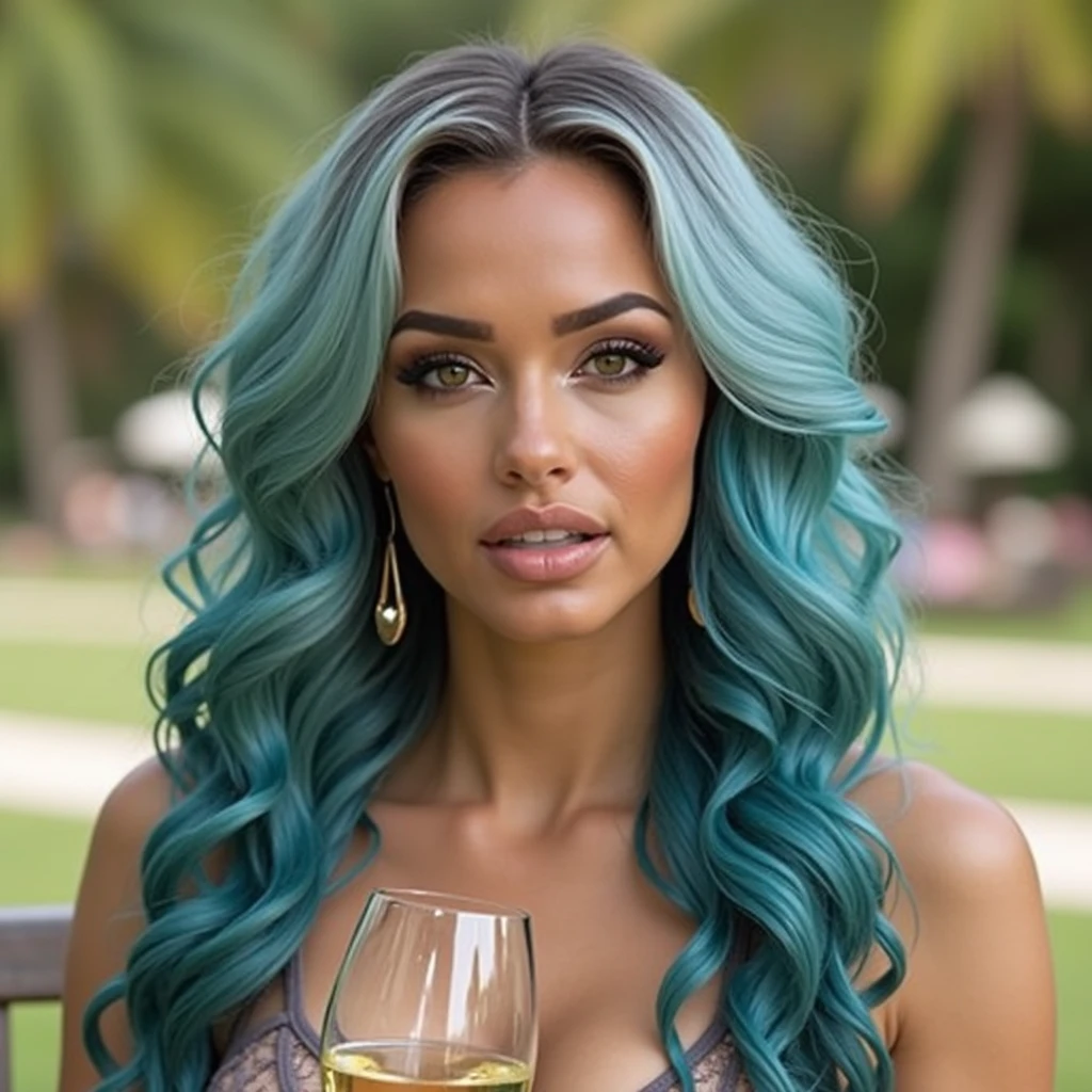 Brazilian woman with long wavy and blue hair, wearing lingerie in a sexy pose with open legs, seat in a chair, with a glass of wine in her hand, full body crop image with blurry background.