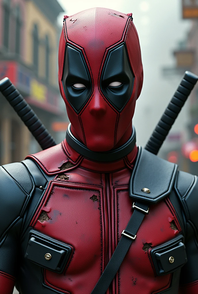 Deadpool unmasked with his suit destroyed by explosions