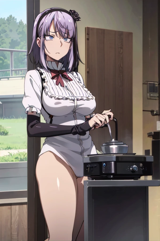 1girl, nsfw, hotaruXL, SHIDARE HOTARU, PURPLE HAIR, HAIRBAND, HAIR FLOWER, HAIR ORNAMENT, BLUE EYES, SHORT HAIR, F empty eyes, large breasts, nipple, Walking, Cooking Classes, frozen, Wet, crying, Naked, (1girl) Blank look, Peeing, lactation, projectile lactation