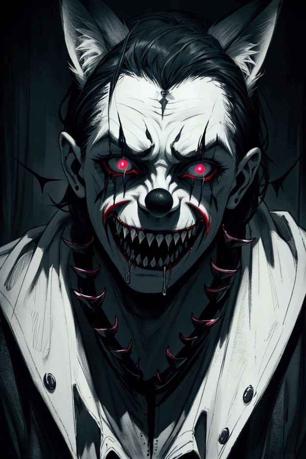 a creepy demonic clown with fox ears, hyper realistic, sharp teeth, sinister glowing eyes, drooling, dark and twisted, horror, surreal, 8k, highly detailed, masterpiece, cinematic lighting, moody atmosphere, dark fantasy