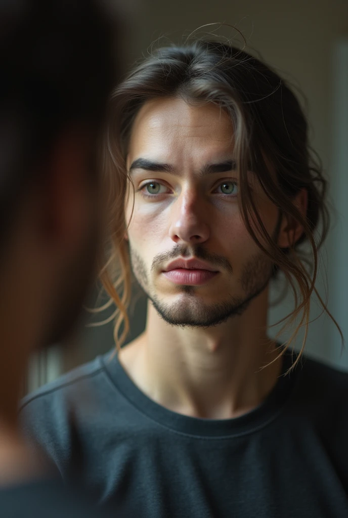 Un individu se tenant devant un miroir avec une expression de sérénité et de réflexion. Le miroir reflète non seulement leur visage actuel mais aussi une image floue de leur potentiel futur, symbolisant la reconnaissance de l’évolution personnelle et l’acceptation des limites