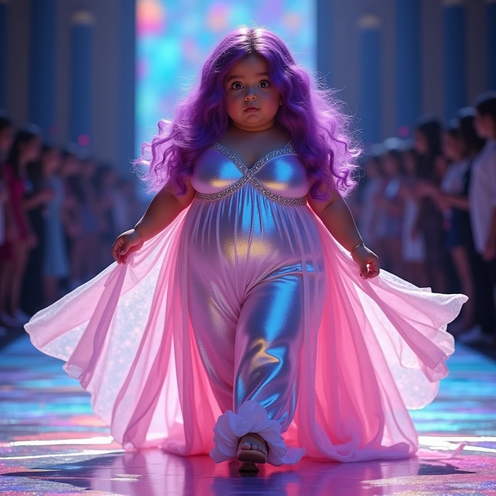 Busty chubby girl with long wavy purple and pink hair, hazel eyes and a fantastic iridescent holographic rainbow night gown, dynamic pose, on a catwalk