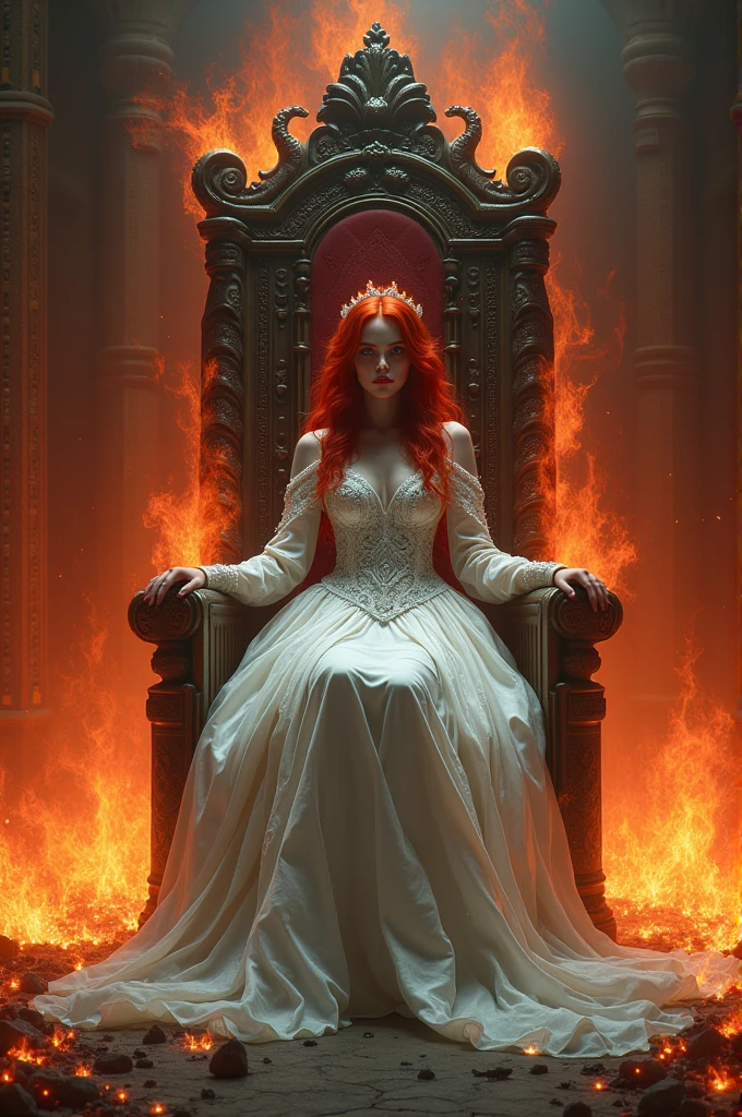 Red-haired, red-skinned demon queen in a wedding dress on her throne of flames