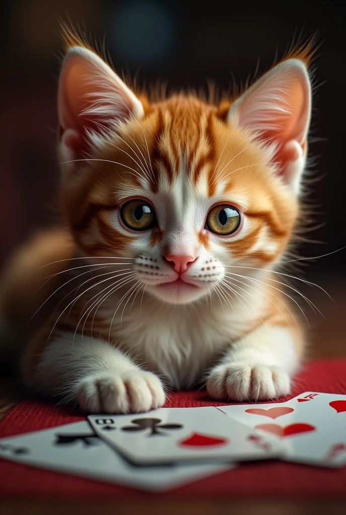 (Highest quality、masterpiece、8k))、Anatomically correct、Very detailed、High resolution、Cinematic lighting、Realistic、((Beautiful, sparkling, detailed eyes))、Intricate details、((Dynamic composition))、Cute kitten、Big head、casino、((card))、((poker))、((ROYALE STRAIGHT FLUSH))