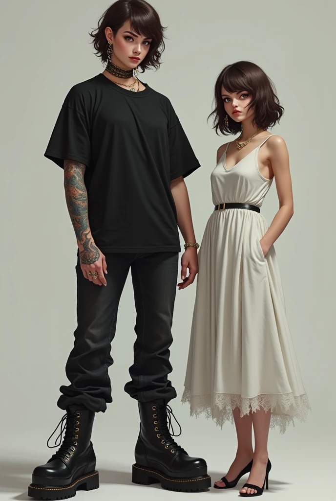 Masculine woman with brunet short hair and Brown eyes have Dragon tattoo on her left Arm She IS wearing black owersize t-shirt with black jeans and Black Combat boots She have 3 pearsings in right ear and 2 pearsings in left ear and 1 in lip on left side (Whole body picture)(shorter hair)(shorter feminne girl next to her ,She IS wearing white dress)