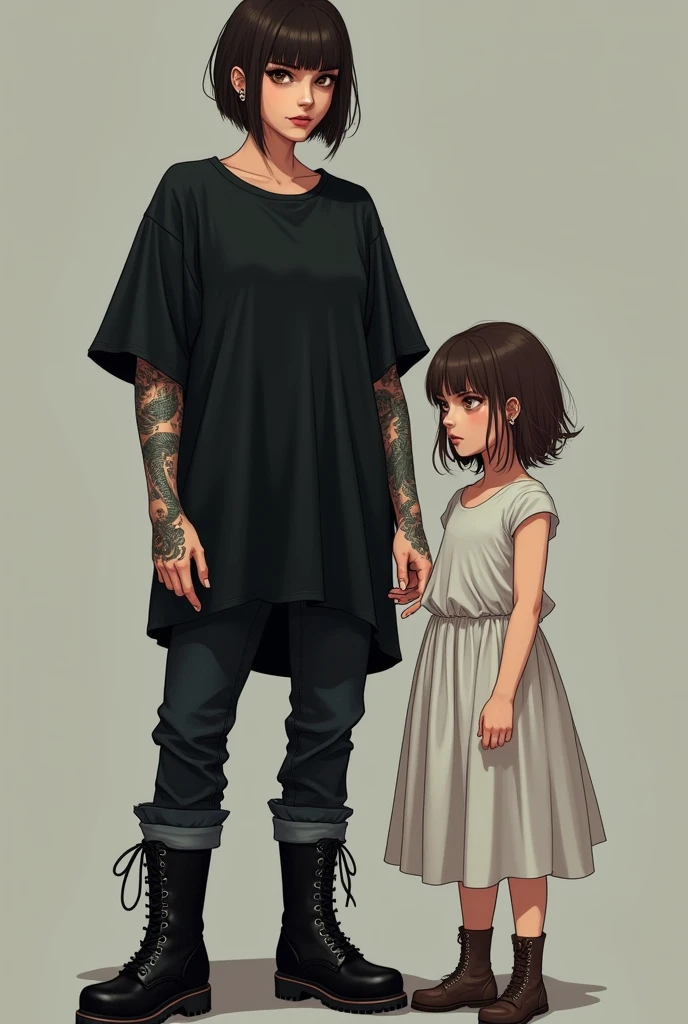 Masculine woman with brunet short hair and Brown eyes have Dragon tattoo on her left Arm She IS wearing black owersize t-shirt with black jeans and Black Combat boots She have 3 pearsings in right ear and 2 pearsings in left ear and 1 in lip on left side (Whole body picture)(shorter hair)(shorter feminne girl next to her ,She IS wearing white dress)
