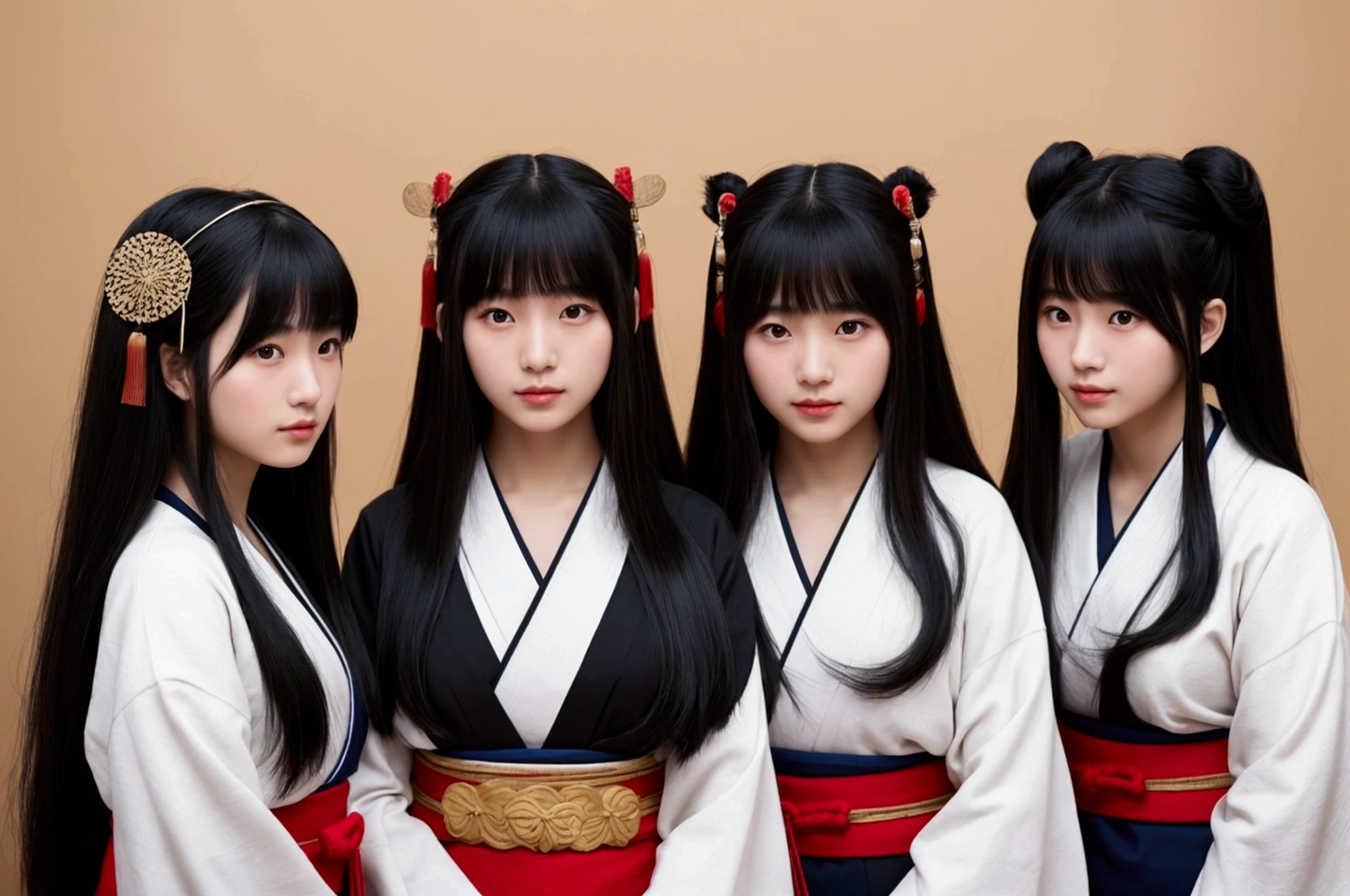 three young Japanese girls with long, very long black hair and bangs, wearing traditional Heian era clothing , realistic photo and beautiful faces, no deformed body 