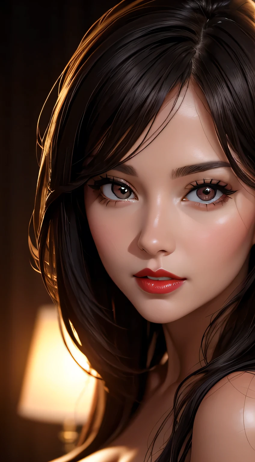 Amazing portrait of a woman who is 30 years old and an adult and a sexy teacher during night time with soft lighting showcasing her red lips and her beautiful face in detail and close up