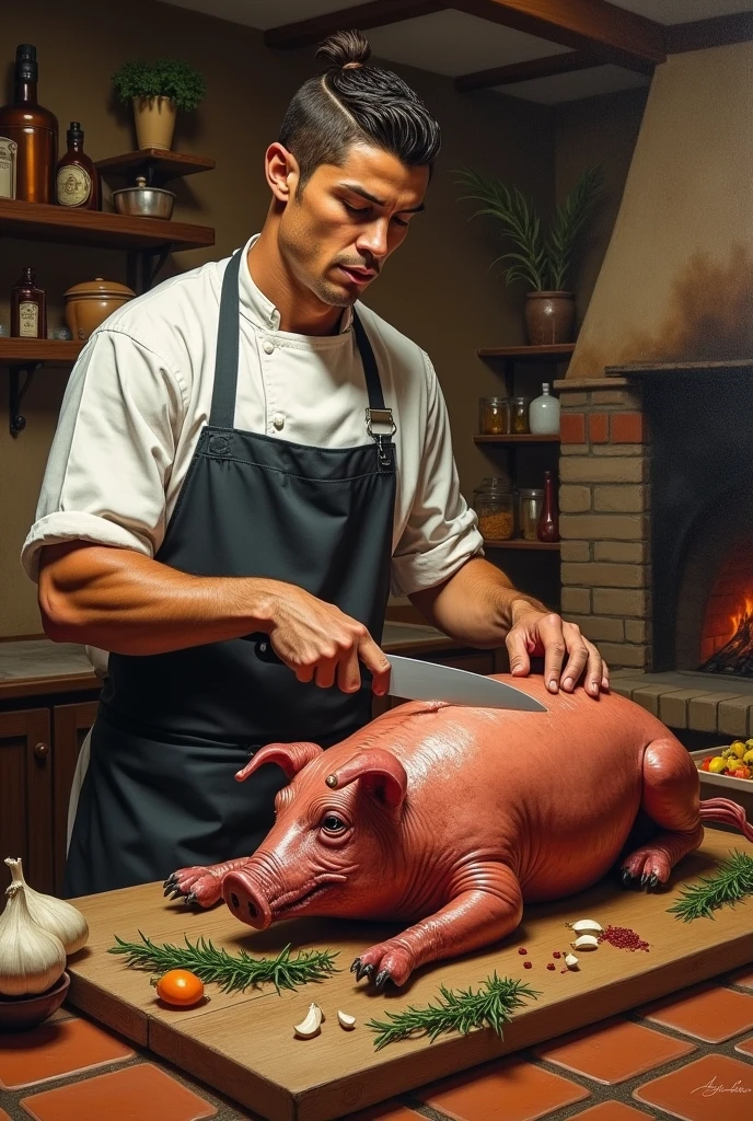 Cristiano Ronaldo cooking a pig