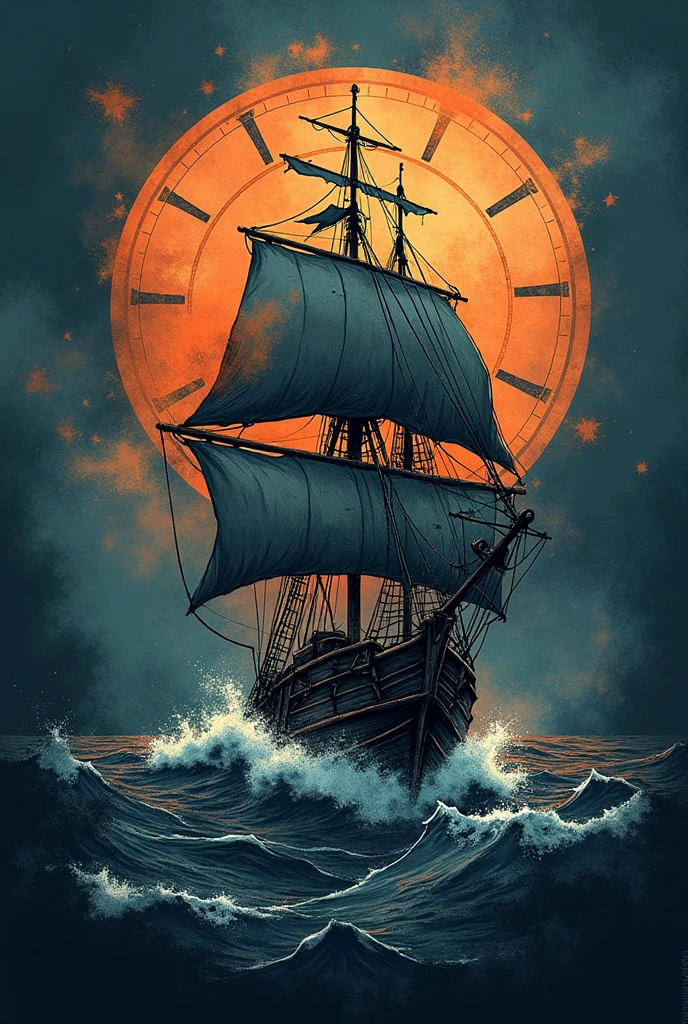 Tattoo design of a destroyed pirate ship sailing in darkness, In the background an old, destroyed antique clock, with colors like splash