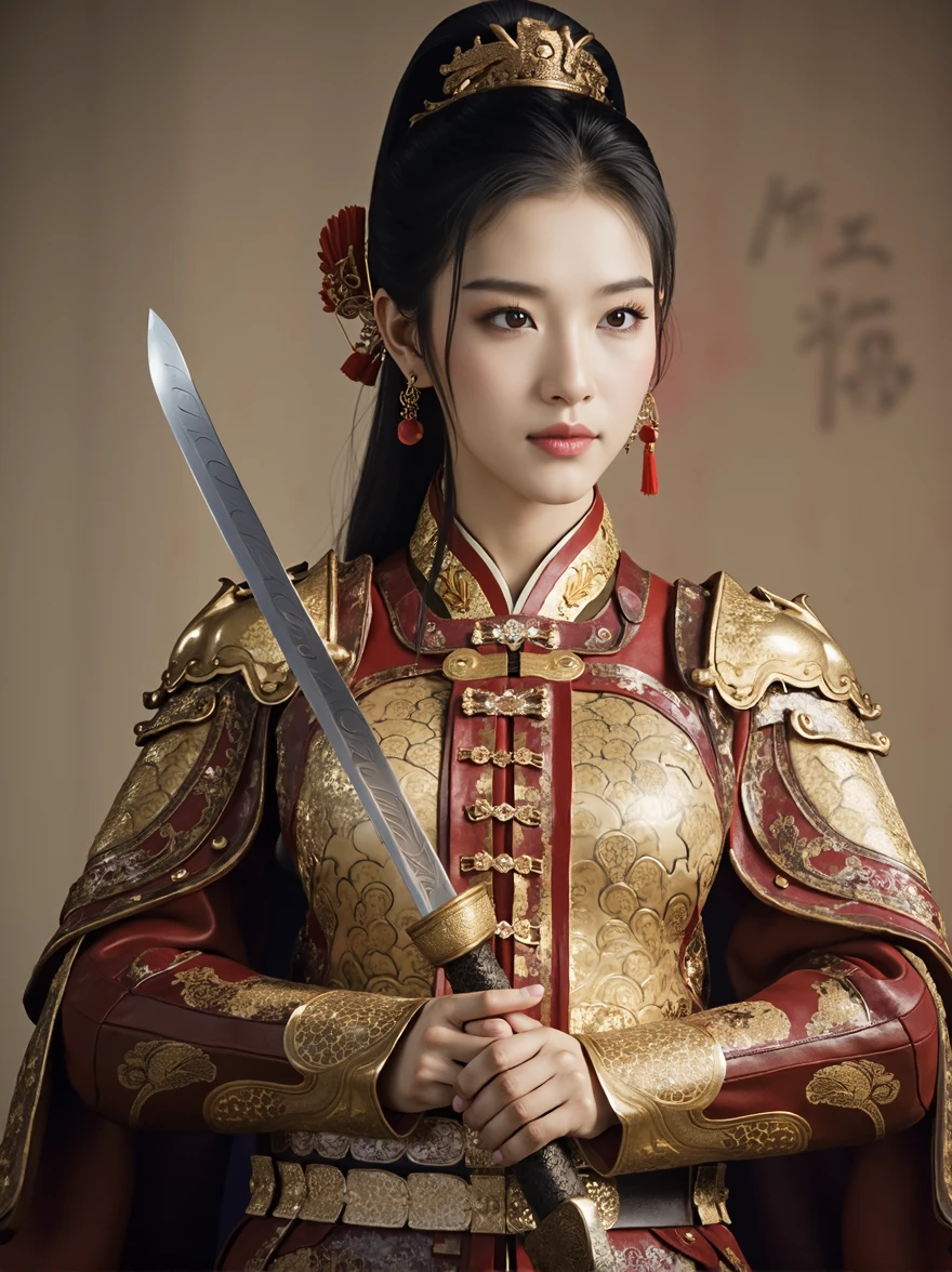 (Holding a Chinese  sword in front of her chest with both hands:1.3)、Front view ,  a Chinese female warrior, ancient Chinese girl, 2 century, looking at viewer, beautiful Chinese  Young General,  girl is 26 years old, (Highly detailed face, Black hair, middle hair ,Brown eye, Variegated eyes, Ordinary eyes,  Tapered eyebrows,  Fuller lips, little Lips,), (ears decoration earring), (middle breasts, middle hip), (ancient Chinese costume, Red decoration leather armor emboss armor of dragon ,  leather inner clothes,  put shoulder Red Cloak ), (holding a ancient Chinese Broad sword), standing in Chinese Palace, near Garden, sunset ,((Surrealism, UHD, retina, accurate, anatomically correct, textured skin, super detail, high details, best quality, 8k))