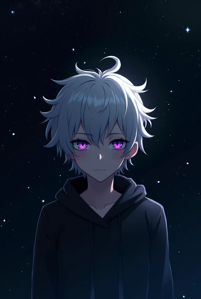 white hair purple eye anime boy depressed eyes and emotionless face, floating in space
