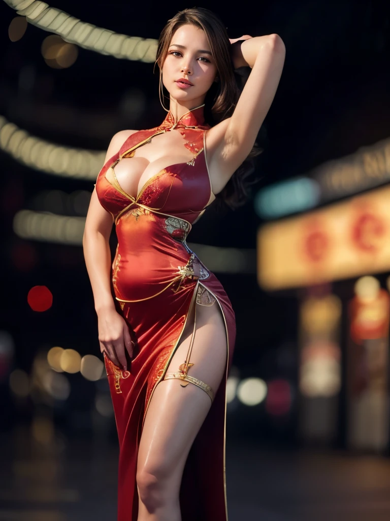 (masterpiece:1.2, Highest quality),(Realistic, photoRealistic:1.4),1 female,Mature Woman,48 years old, Face the camera, Brown Hair,Shoulder-length straight hair, Beautiful Skin,Glowing Skin,Beautiful female hands,Detailed hand drawing, Beautiful feet, (Full body image:1.4), break, (Red Chinese dress:1.4), (Wide slit up to the waist:1.4), Show off your sexy thighs, Cleavage, (Standing with legs apart), (Model pose), Red high heels, sexy garter stockings, (The background is a night street corner),(((Background Blur:1.5))), (((Underarm)))