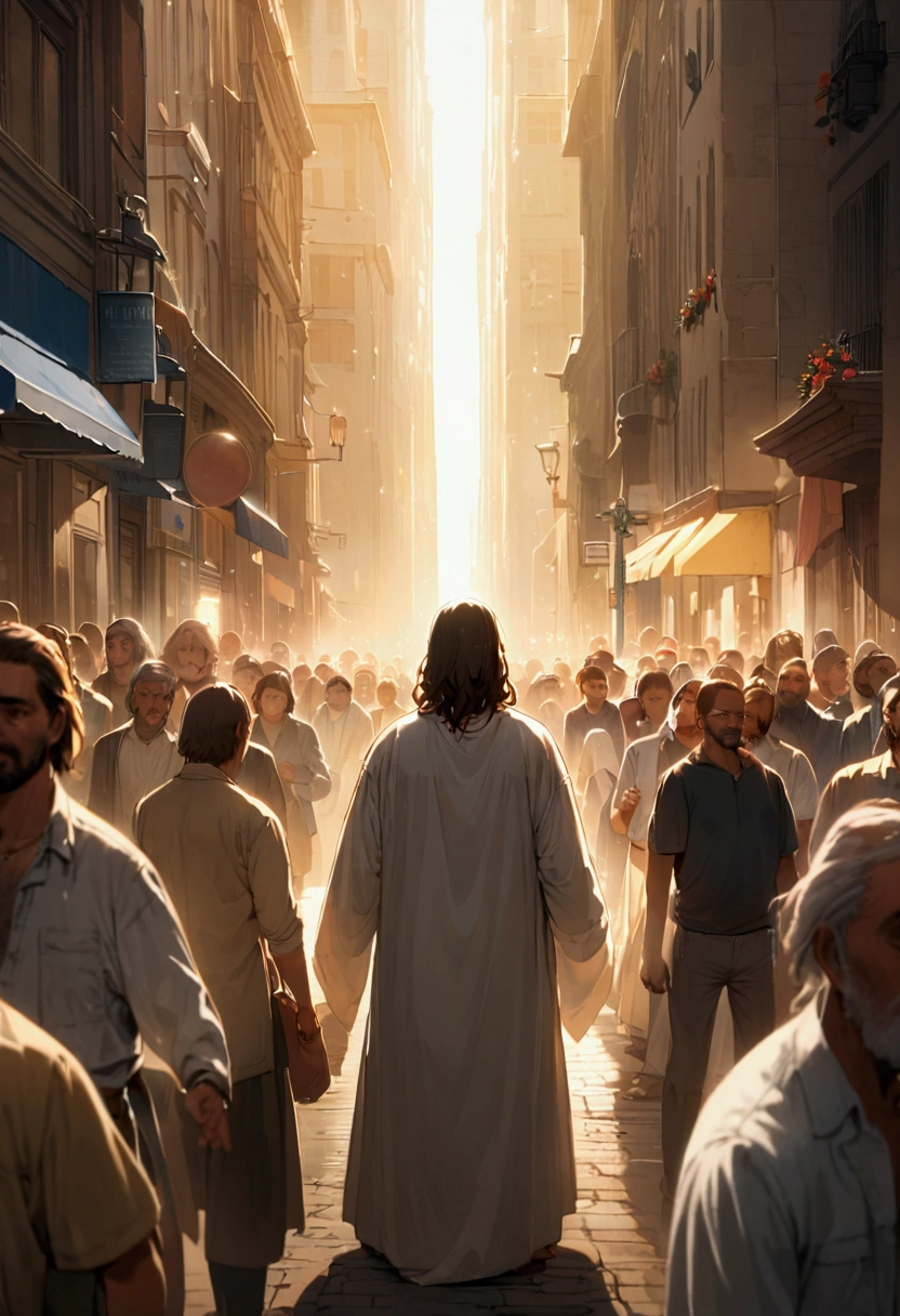 JESUS in the middle of the crowd in front healing a man in the middle of the street and a ray of light on JESUS