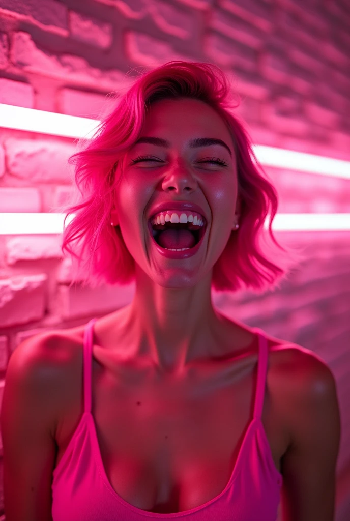 Pink hair: The girl has short, wavy hair dyed a bright pink color, styled in loose waves that frame her face., Wide-eyed: Her eyes are open wide, giving her a lively and engaging expression., Dilated pupils: Her pupils appear large, adding to the intensity of her gaze., Laughing: The girl is captured in the midst of laughter, with her mouth open wide, showcasing her white teeth., Bright pink lighting: The entire image is bathed in a vibrant pink neon light, which adds a playful and modern feel to the scene., Smiling: Her smile is broad and genuine, contributing to the joyful mood of the image., Low-cut top: She is wearing a low-cut pink top, which is fitted and accentuates her figure., Neon lights: The background features pink neon lights that run horizontally, adding depth and atmosphere to the image., Exposed brick wall: The backdrop includes an exposed brick wall, which contrasts with the smoothness of her skin and the modern lighting., Urban setting: The overall vibe suggests an urban, poss, hatching (texture), close-up, f/2.8, Sony FE GM, caustics, overexposure, bokeh, high details, high quality, anatomically correct, accurate, masterpiece, retina