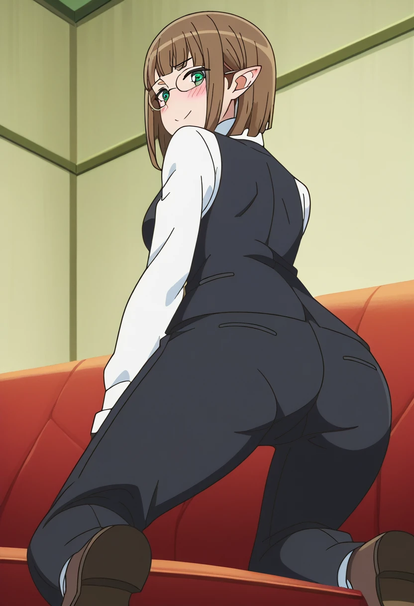 Eina Tulle, anime screencap, glasses, standing ,by sofa, light smile, relaxing, black vest, white shirt, elven ears, black pants, back view, ass, from below, looking at viewer, on fours, on knees, blush, masturbation, blushing,