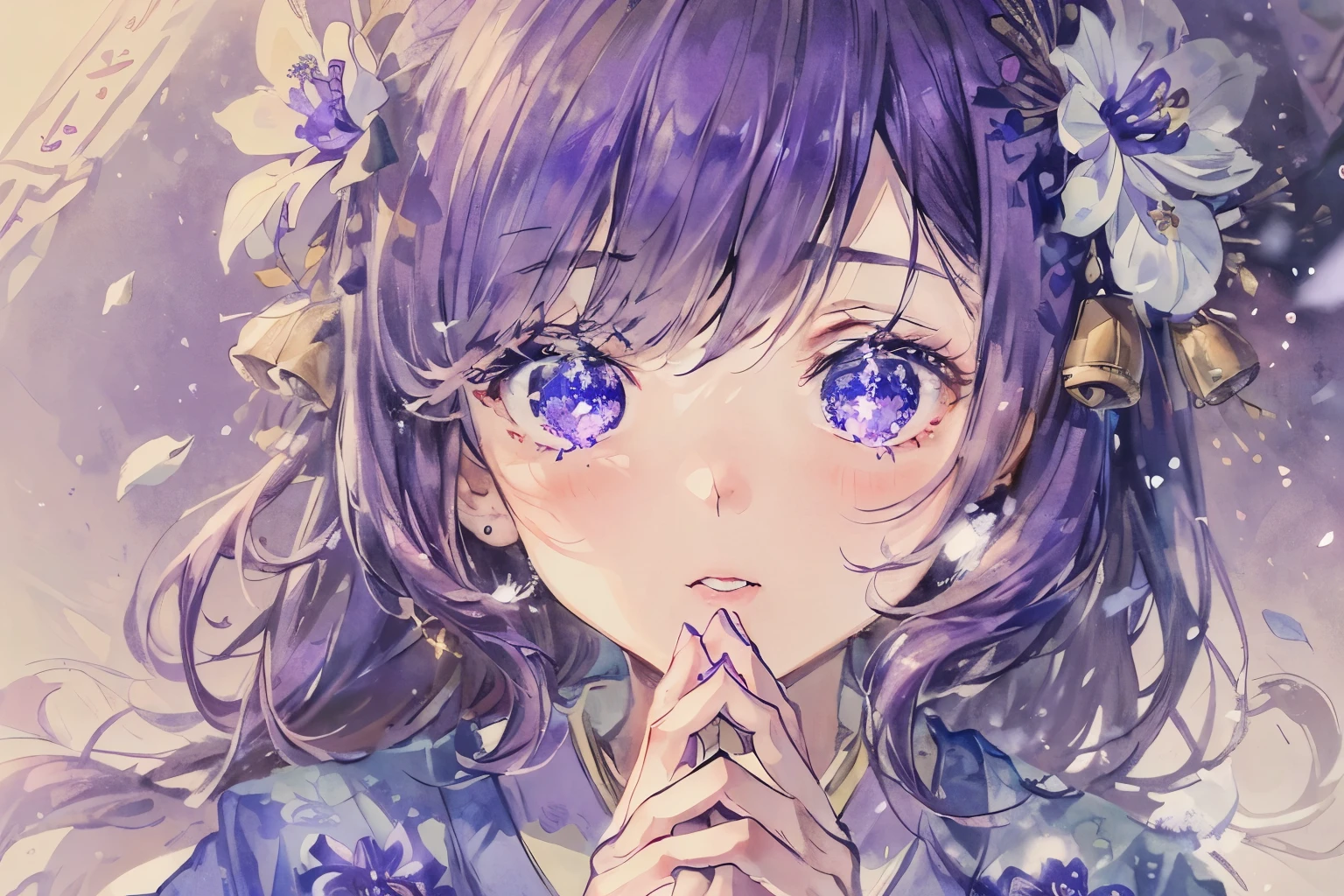 ｛Lowest Quality, Low Quality}, ((Girl)), Solo, (Close-up: 1.3), (Face Focus: 1.4), ((Half-up, Light purple Hair)), Clear Eyes and Plump Lips, Beautiful purple Eyes: 1.2), Speaking Heart, Praying Hands, (Perfect Hands: 1.3), (Traditional Japanese Costume: 1.2), (She is wearing a kimono with a Bellflower pattern, Delicate and Fine Embroidery: 1.3), Embarrassed, Standing Bow, Looking at the Viewer, Tilts Head, (Snowstorm, Scattered Petals: 1.5), (Light Particles, Light Sparkles: 1.4), Bellflower Effect, ((Bellflower Background)), Bellflower flowers on the left and right, Bellflower photo frame, High-Angle Shot, Must-Have, Best Quality, Super Detailed,