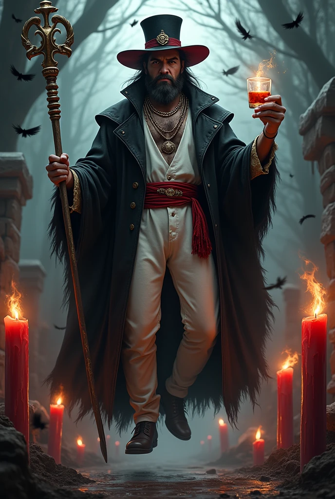 Handsome man with a robust body, barba, by rubio, black and red antique hat, black cape, vaso whisky, Cigarettes, cemetery, red and black lit candles, golden stick, gray eyes, melted candles, white vest and pants, lots of red and black necklaces , levitating, black magic books, exu umbanda, Round face, black feathers flying, formal wear