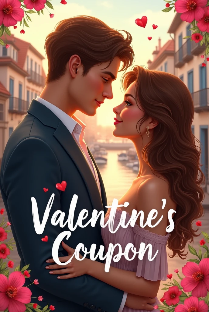 book cover with a young couple in marcella france at the port the boy is tall with thick honey brown hair without a beard on his face whitish skin honey green eyes and thick lips the girl is short with thick wavy brown hair and honey eyes whitish skin pink and thick lips I want the image for the cover of a book with the title valentine's coupon and to be seen in profile