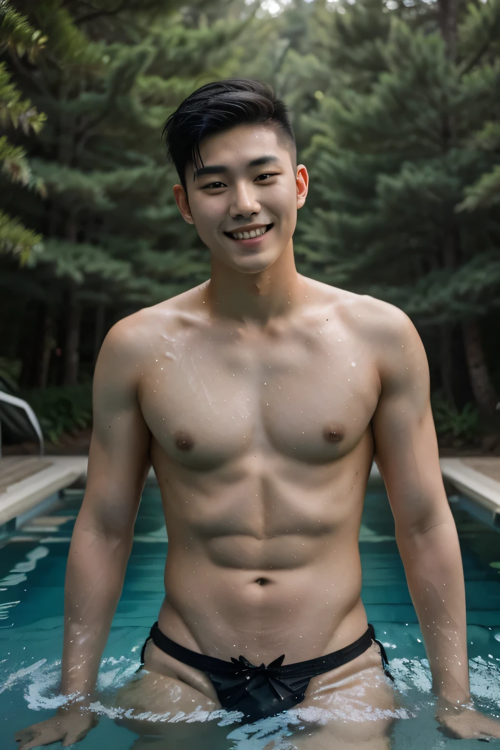A 20-year-old handsome Korean man with a slim-fit body, black undercut hair wearing shirtless, swimming in a pool in the middle of a pine forest., smile