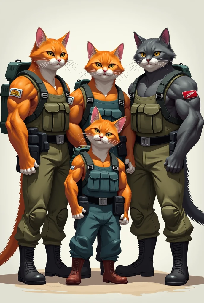  4 gato militares equipado con pantalones 👖 
Y con musculos y De diferente colores