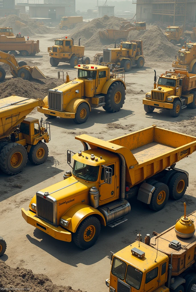 Create a realistic image of Yellow work vehicles