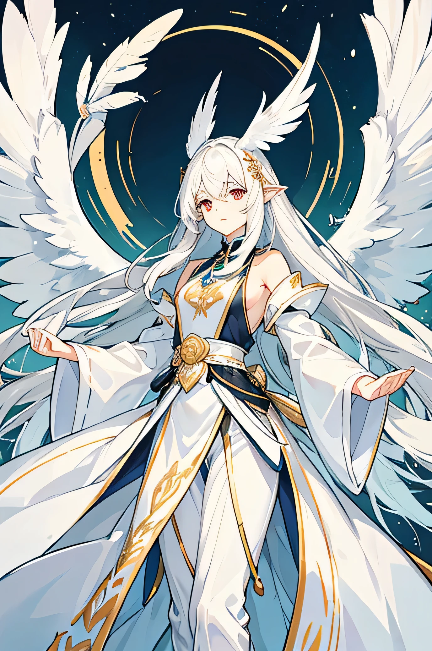 Short and thin woman, long  white hair, feathers above the ears and huge white wings on the back. Wear a refined and charming dress. He has an expression of anger and superiority. 