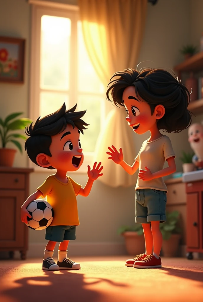  Tomás explaining to his mother that he wants to play soccer with his friends. with the same main character playing soccer same animated appearance