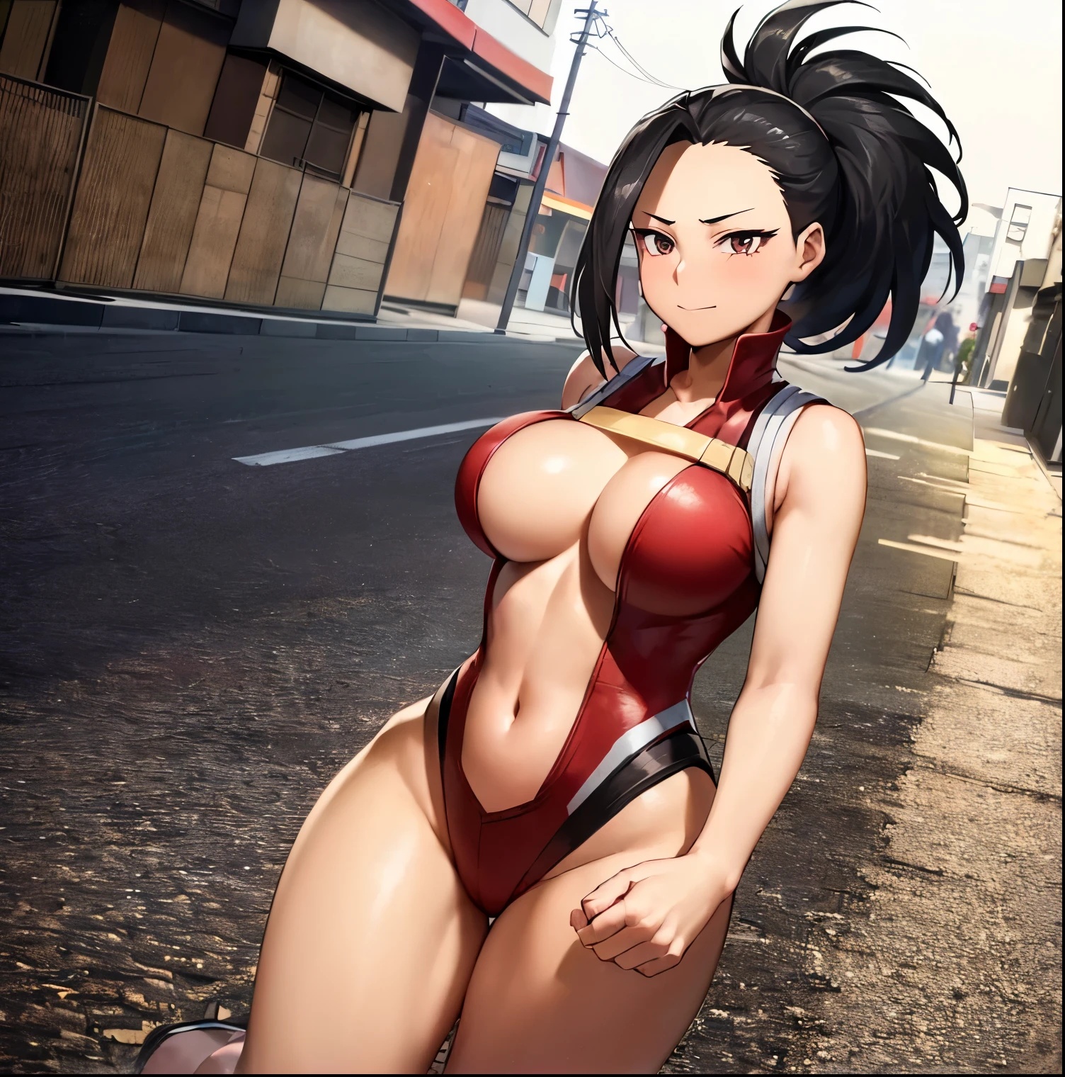 ((1girl)), ((alone)),yaoyorozu momo, ((extremely detailed CG unity 4k wallpaper)), (masterpiece), (ultra quality), (ultra detailed), (best illustration), (best shadow), (extremely detailed), looking at viewer, (absurdities), (detailed background), curvy body, dynamic pose, cowboy photo, large breasts, medium waist, wide hips, wide thighs, round butt,((eyes black, black hair, ponytail, long hair, hair up, central opening, cleavage, leotard, navel, red shoes, red leotard, alone, hero costume, smile, closed mouth)), standing, cowboy photo, backlight, ((only)), ((standing: 1.4, exterior, Japanese city, streets of Tokyo, dusk, (serene expression, blushing, ,sexy, closed mouth, sexy pose), looking forward, ((focus on breasts), point of view: (from middle), perfect anatomy, perfect hands,