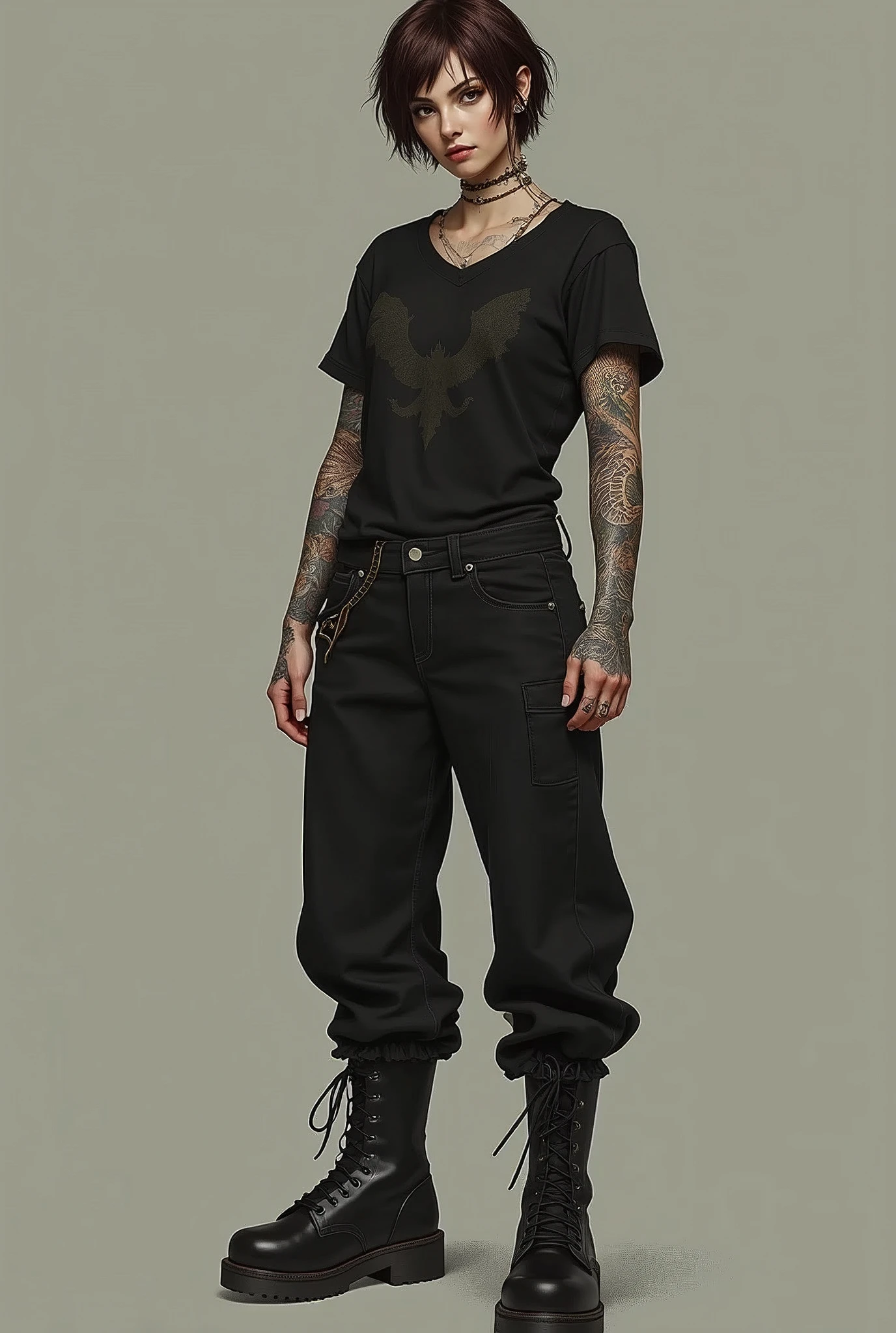 Masculine woman with brunet short hair and Brown eyes have Dragon tattoo on her left Arm She IS wearing black owersize t-shirt with black jeans and Black Combat boots She have 3 pearsings in right ear and 2 pearsings in left ear and 1 in lip on left side (Whole body picture)