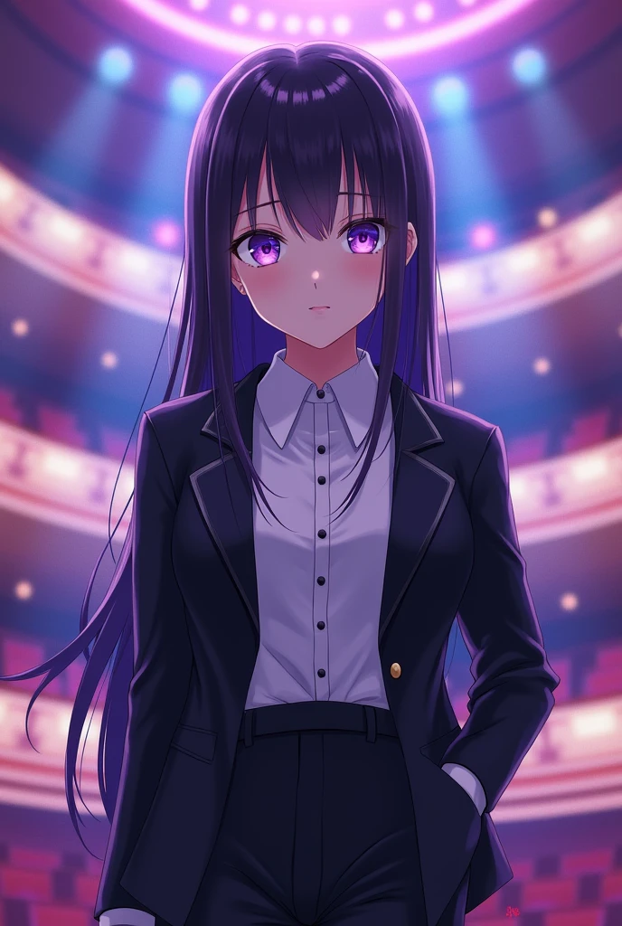 Oshi no ko template 16 year old girl long straight black hair purple tips bright purple eyes wears a white collared shirt black jacket black pants is in an auditorium