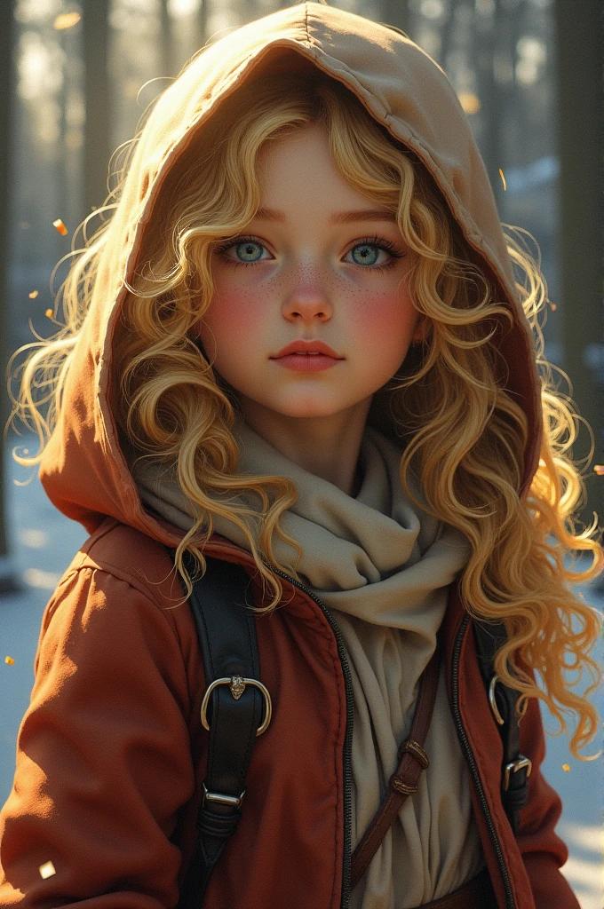 Iris Collins(Iris Collins)Detailed illustration of a curly blonde girl wearing a hooded jacket and medieval dress., soft and bright, High resolution artwork by Greg Hildebrandt., Leo Shitimo, Sergey Stepan, Samyang, Ikut Edodo, Justin Gerrard, Alphonse Mucha, Art germ, WLOP and Greg Rutkowski
