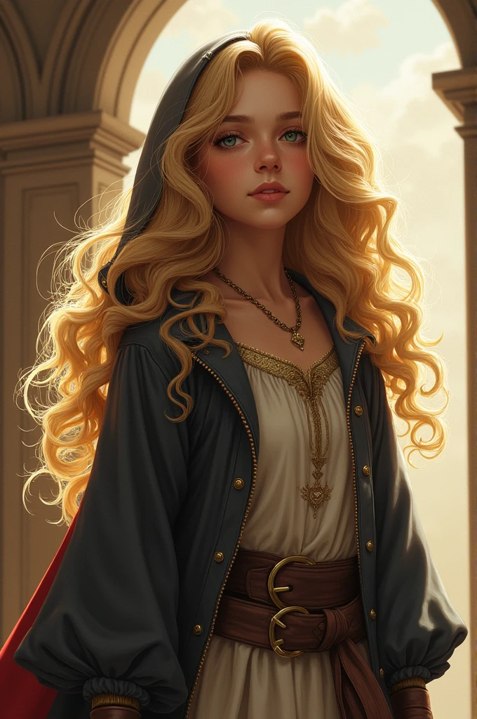 Iris Collins(Iris Collins)Detailed illustration of a curly blonde girl wearing a hooded jacket and medieval dress., soft and bright, High resolution artwork by Greg Hildebrandt., Leo Shitimo, Sergey Stepan, Samyang, Ikut Edodo, Justin Gerrard, Alphonse Mucha, Art germ, WLOP and Greg Rutkowski