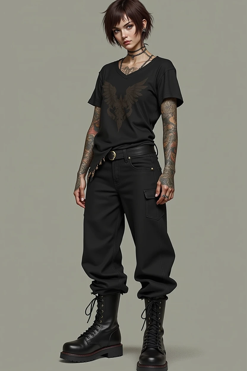 Masculine woman with brunet short hair and Brown eyes have Dragon tattoo on her left Arm She IS wearing black owersize t-shirt with black jeans and Black Combat boots She have 3 pearsings in right ear and 2 pearsings in left ear and 1 in lip on left side (Whole body picture)