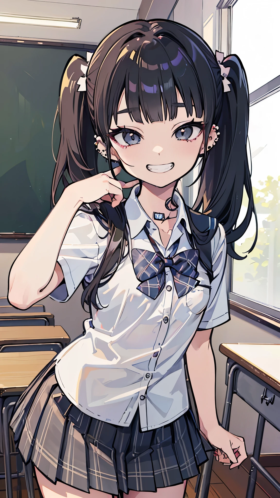 ((masterpiece、Highest quality、Very detailed))、One girl、Black Hair、Long Hair、twintails、blunt bangs、Grey Eyes、evil smile、((Grin))、((lots of piercing))、((Small breasts))、 ((school uniform))、A bow tie、((gray plaid pleated skirt))、Cowboy Shot、Classroom Background