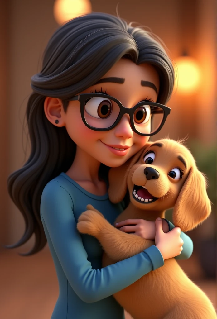Cartoon character of a woman in black glasses and blue shirt, hugging a gooden retriever cartoon character, stylized character, animation style rendering, 3d stylized, Arnold Maya rendering, Stylized 3D rendering, toon render screenshot, 3d character, 3d character, Stylized 3D rendering, 3D character rendering, cartoon character, Personagem de close up, character posing, (Pixar-style) (master part:1.2) (bokeh) (best qualityer) (skin detailed) (detailed texture) (8k) (Argilla) (cinematic lighting) (sharp focus