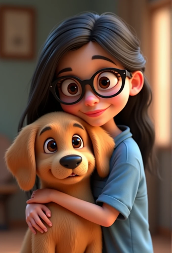 Cartoon character of a woman in black glasses and blue shirt, hugging a gooden retriever cartoon character, stylized character, animation style rendering, 3d stylized, Arnold Maya rendering, Stylized 3D rendering, toon render screenshot, 3d character, 3d character, Stylized 3D rendering, 3D character rendering, cartoon character, Personagem de close up, character posing,  (Pixar-style) (master part:1.2) (bokeh) (best qualityer) (skin detailed) (detailed texture) (8k) (Argilla) (cinematic lighting) (sharp focus